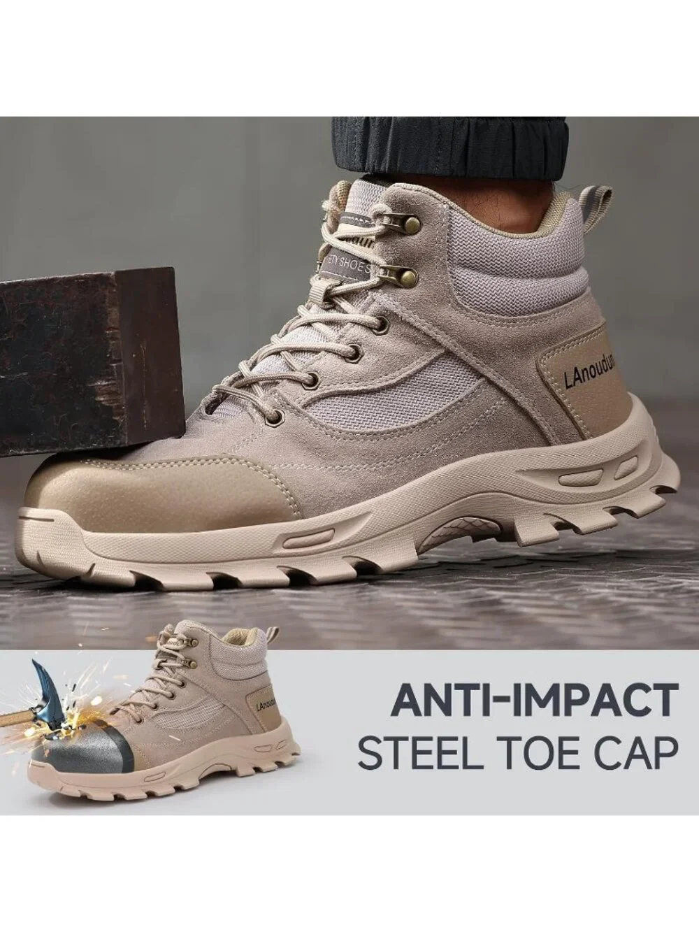 Men's Beige Splashproof Shoes Casual High Top Steel Toe Non Slip Hiking Boots